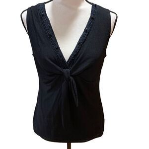 ‎AGB Embellished Beaded Neckline Top, Sleeveless, V-Neck, Black, Medium